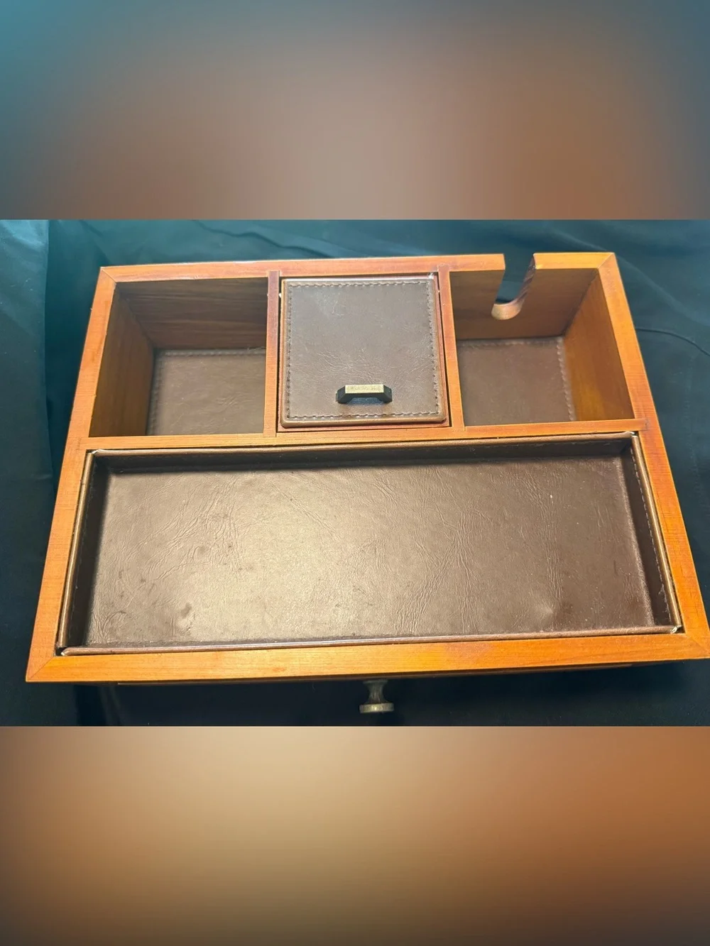 Wood Jewelry Organizer Tray with Brown Leather Interior
